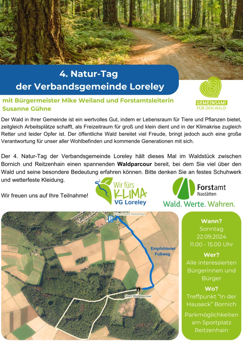 Ein naturnah gestalteter Flyer zum 4. Natur-Tag der Verbandsgemeinde Loreley mit folgendem Text: 4. Natur-Tag der Verbandsgemeinde Loreley mit Bürgermeister Mike Weiland und Forstamtsleiterin Susanne Gühne. Der Wald in Ihrer Gemeinde ist ein wertvolles Gut, indem er Lebensraum für Tiere und Pflanzen bietet, zeitgleich Arbeitsplätze schafft, als Freizeitraum für groß und klein dient und in der Klimakrise zugleich Retter und leider Opfer ist. Der öffentliche Wald bereitet viel Freude, bringt jedoch auch eine große Verantwortung für unser aller Wohlbefinden und kommende Generationen mit sich. Der 4. Natur-Tag der Verbandsgemeinde Loreley hält dieses Mal im Waldstück zwischen Bornich und Reitzenhain einen spannenden Waldparcour bereit, bei dem Sie viel über den Wald und seine besondere Bedeutung erfahren können. Bitte denken Sie an festes Schuhwerk und wetterfeste Kleidung. Wir freuen uns auf Ihre Teilnahme! Wann? Sonntag 22.09.2024 11.00 - 15.00 Uhr Wer? Alle interessierten Bürgerinnen und Bürger Wo? Treffpunkt “In der Hauseck” Bornich Parkmöglichkeiten am Sportplatz Reitzenhain